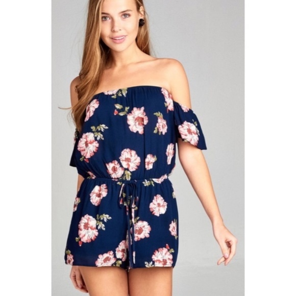 FLcraftyGirl Pants - 💥TRENDING💥Navy Floral Off Shoulder Romper